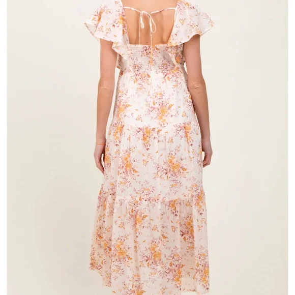 Pink Blush Peach Floral Flutter Sleeve Tiered Maternity Maxi Dress - Picture 2 of 5